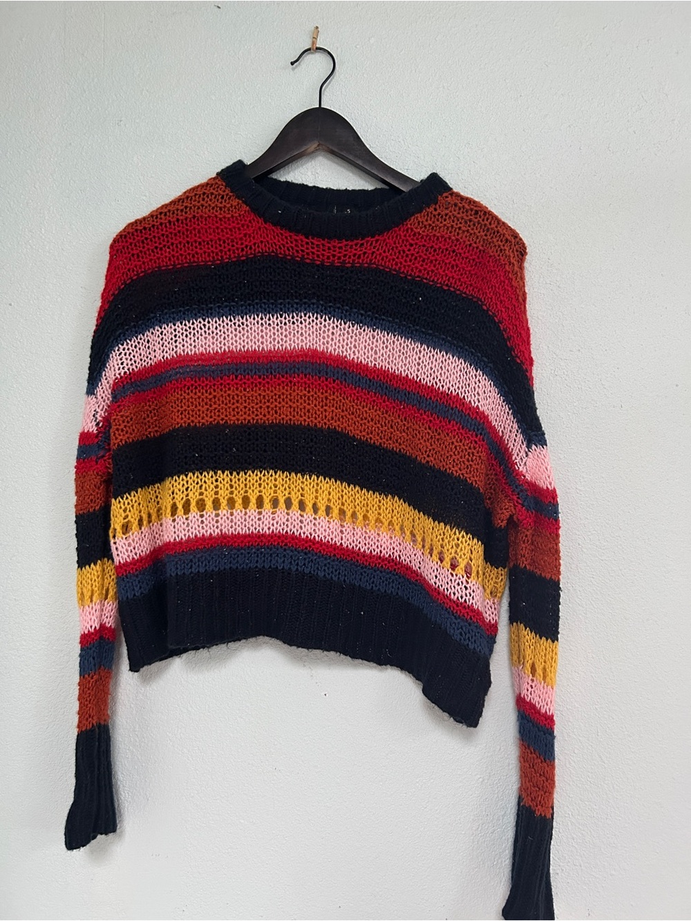 moon & madison Cropped Striped Crew Sweater - Black, Red, Pink & Mustard
